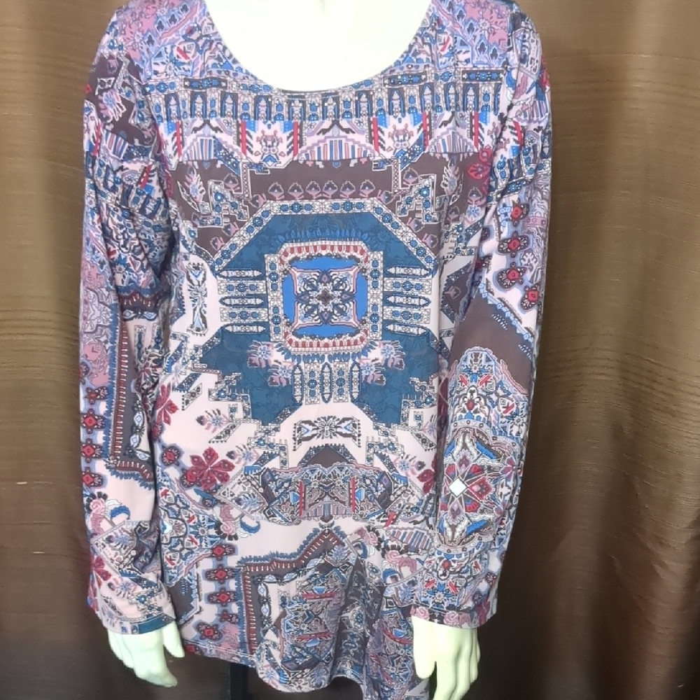 ONE WORLD Long-Sleeve Scoop Top in Pink, Blue & Brown Print